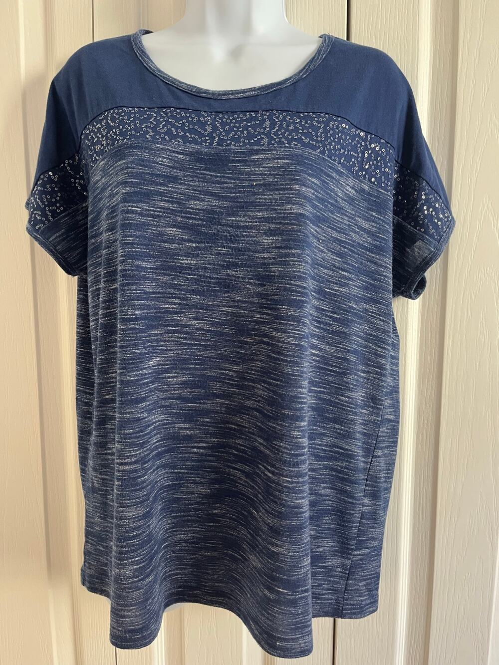 Christopher & Banks Blue Short Sleeve Shirt Scoop Neck Sequin Embellishments L